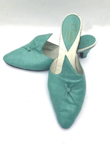 VTG1940's Handmade Italy Aqua blue leather boudoir slippers slip on mules 8M FAB - Picture 1 of 4