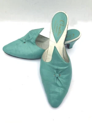 Zapatillas tocador de cuero azul aguamarina Italia Hechas a Mano Años 40 Slip On Mules 8M FAB Foto 1 de 4