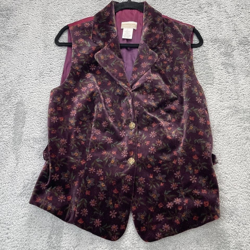 Vintage Coldwater Creek Vest Womens Medium Red Floral Velvet Notch Lapel Classic - Image 1 of 4
