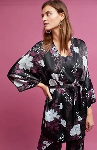 Anthropologie Arche Floral Kimono Jacket Satin Floral Black Purple White L NWT - Picture 1 of 5