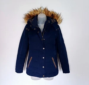 Fat Face Coat UK 10 Womens Blue Parka Short Length Fur Trimmed Hooded Jacket  - Picture 1 of 12