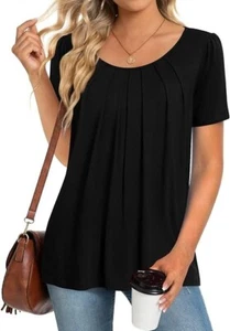 2024 Women's Summer Tunic Top Short Sleeve Casual Tshirts Pleated Loose 2XL - Picture 1 of 5