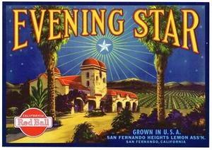 ORIGINAL LEMON CRATE LABEL EVENING STAR SAN FERNANDO MISSION 1930S MATTE NORTH - Picture 1 of 1