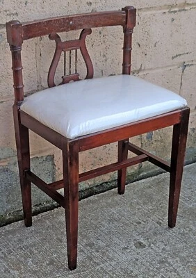 Antiguo Antiguo Victoriano Lira Respaldo Banco Madera Respaldo Taburete Asiento Tela Otomana Foto 1 de 4