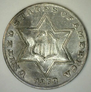 1858 Three Cent Silver AU US Type Coin 3c Almost Uncirculated Philadelphia Mint - Picture 1 of 2