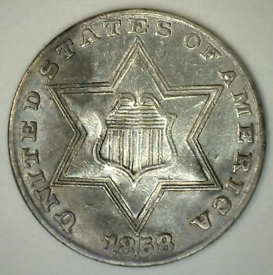 1858 Three Cent Silver AU US Type Coin 3c Almost Uncirculated Philadelphia Mint - Image 1 of 2