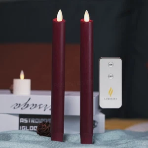 8'' Luminara Flameless Moving Wick Battery Taper Candle Remote Burgundy Set of 2 - Picture 1 of 7