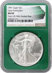 1991 SILVER EAGLE NGC MS69 EARLY PRODUCTION FROM US MINT SEALED BOX GREEN CORE - Picture 1 of 4
