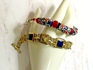 Enamel Link Bracelet Goldtone & Multicolor Elongated Acrylic Bead Toggle Closure - Picture 1 of 5
