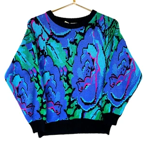 Vintage Oma Strick Pullover Damen groß blau Rundhals Muster 90er - Bild 1 von 3