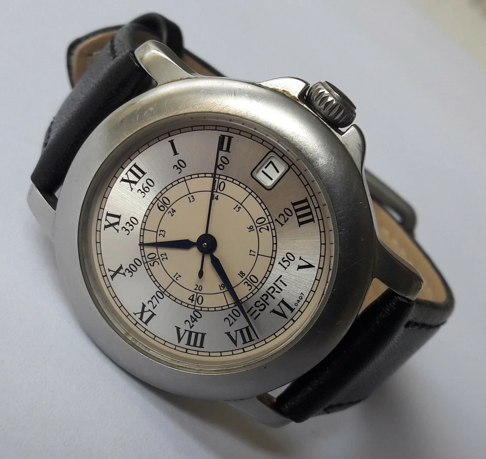 Удивительный кварц ESPRIT 0407 полностью из нержавеющей стали с датой сделано в Швейцарии - Изображение 1 из 4