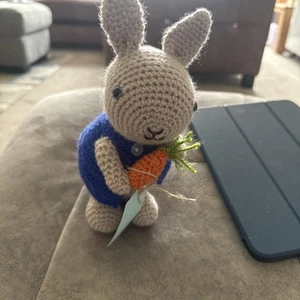Grey Amigurumi Bunny with Carrot In blue Jacket Ideal Easter Gift - Picture 1 of 5