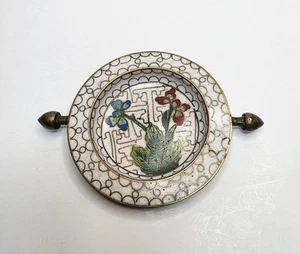 Antique Chinese Cloisonné Flip Top Ashtray Top Lid Iris Flowers Brass 2.75" - Picture 1 of 5