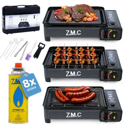 ZMC Camping Gaskocher Gasgrill Set 2in1 mit Grillplatte + 8x Gaskartuschen 227g - Bild 1 von 4