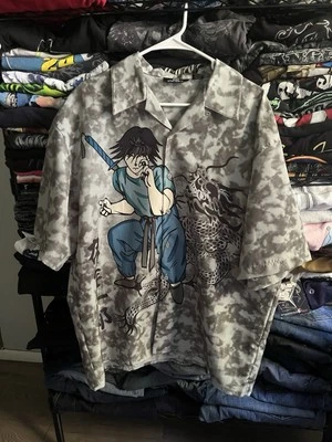 Vintage City Impact Graphic Button Up Camp Shirt Anime Punk Grunge Skate Large - Image 1 of 4
