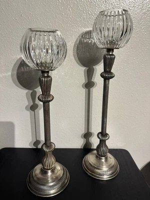 DE COLECCIÓN AÑOS 80 18" Y 16” PESADO CANDELABRO INDIVIDUAL / CANDELABRO CUENCO DE VIDRIO BASE DE METAL Foto 1 de 4