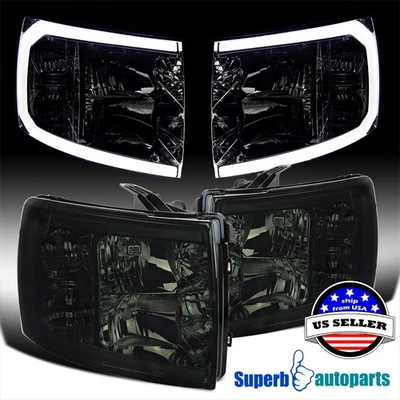 Fits 2007-2013 Chevy Silverado 1500 2500HD 3500HD LED Strip Headlights Smoke - Image 1 of 4