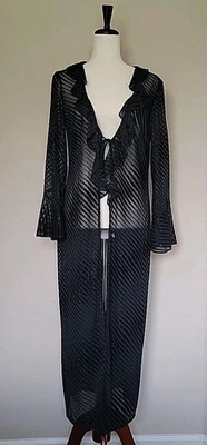 Vtg Black Long Duster Sz  10 Ruffle Trim Collar Flare Sleeve Whimsigoth Vamp Y2K - Image 1 of 4