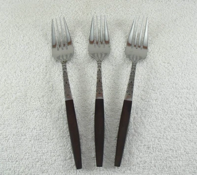 INR2 Dinner Fork Lot of 3 Interpur  Stainless Japan Brown Handle Mid Century - Image 1 of 3