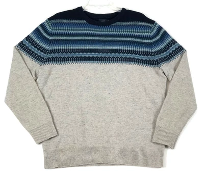 J Crew Fair Isle 100% Lambswool Sweater Mens L Gray Blue Crew Neck Knit Pullover - Image 1 of 4