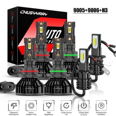 9005 9006 H3 6x Front LED Headlight High Low Beam+Fog Light Bulb Combo Kit 6000K - Image 1 of 4