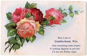 VINTAGE FLORAL GREETINGS FROM CUMBERLAND WI SEE YOU FRIDAY NIGHT EMBOSSED 052621 - Picture 1 of 2