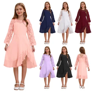Kids Girls Gown Round Collar Dress Long Sleeve Prom Ball Birthday Flower Mesh - Picture 1 of 70