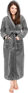 Womens Fleece Hooded Bathrobe Plush Long Spa Robe - Picture 1 of 12
