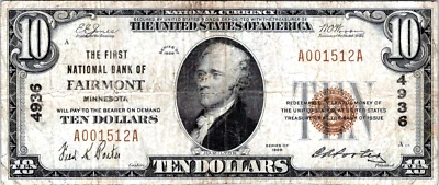 1929 $10 National Banknote Fairmont Minnesota CH# 4936 - Image 1 of 3