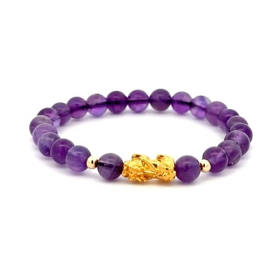 18K Gold Dragon Pixiu Piyao Lucky Charm Beads Bracelet Gemstones Amethyst 6mm - Image 1 of 4