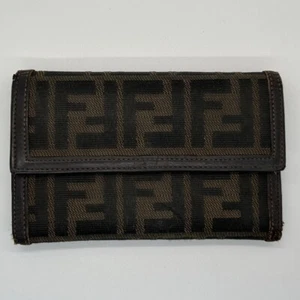 Fendi Zucca Continental Brown Canvas Leather Trim Wallet Clutch Made in Italy - Picture 1 of 12