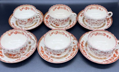 Set of 6 Spode Indian Tree Orange Rust Cup & Saucers Red Trim HEAVY CRAZING - Image 1 of 4