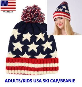 KIDS SIZE: NEW UNISEX STARS STRIPES KNIT USA FLAG BEANIE SKI CAP POM POM HAT - Picture 1 of 6
