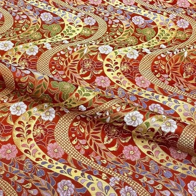 Kyoto Nishijin Brocade Kimono obi Fabric 28x20in Navy Gold Stream & Floral Red - Image 1 of 4
