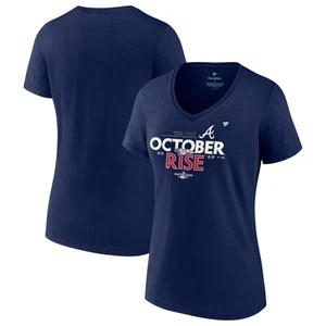 Women's Fanatics Navy Atlanta Braves 2022 Postseason Locker Room V-Neck T-Shirt - Picture 1 of 3
