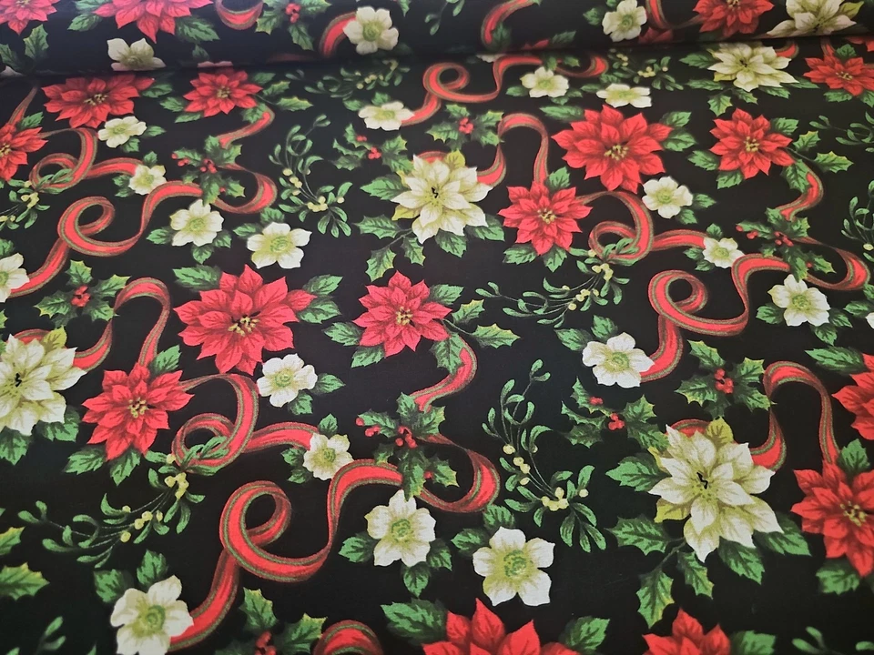 Fundamentos de Feliz Navidad Tela de Algodón Cinta de Pascua Negra Vacaciones por Yarda  Foto 1 de 1