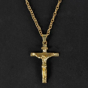 JESUS CROSS CRUCIFIX HOLY pendant GOLD FILLED 18K necklace 20" chain female men - Picture 1 of 5