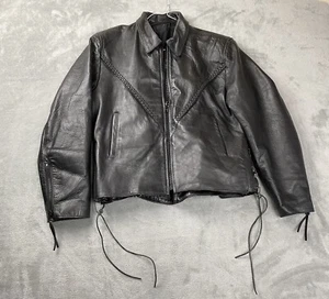 Black Leather Jacket Women’s Large Full Zip Motorcycle Biker Braided Design - Picture 1 of 19