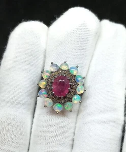 925 Silver Natural Fire Opal Ring Real Diamond Ring, Engagement Ring, Ruby Ring - Picture 1 of 4
