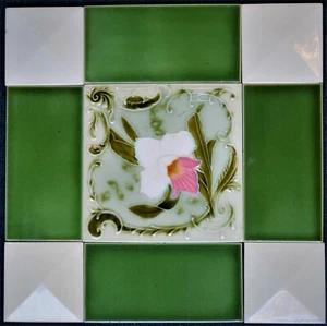 ENGLAND ANTIQUE ART NOUVEAU MAJOLICA 9-SET TILE C1900 - Picture 1 of 5
