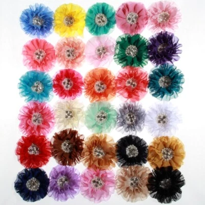 10PCS 10CM  Chiffon Flowers With Big Pearl Rhinestone For Headds Fabric Flowers - Image 1 of 4