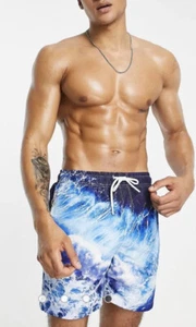 Aeropostale Uomo Taglia Large Baule Da Nuoto Stampa Onda Blu Tasche Foderate Nuove - Foto 1 di 5