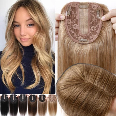 150% Topper Hairpiece Clip In Remy Human Hair Silk Top Toupee Wiglet Bangs 6-18" - image 1 of 4