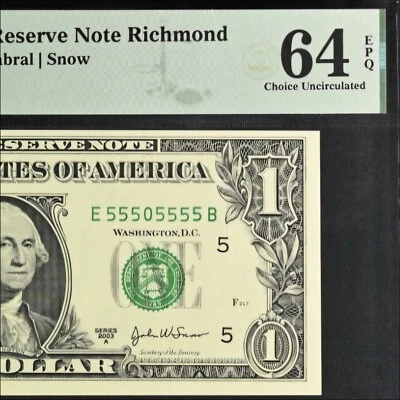 $1 FRN Binary Seven Of A Kind Fancy Serial Numbers 55505555 PMG 64 Near Solid  - Image 1 of 4