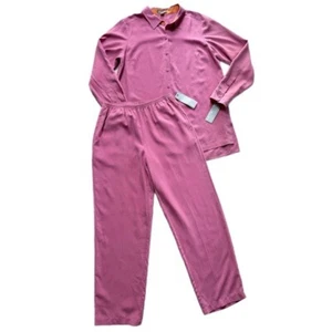 NEW GO Silk Women Charmeuse Watermelon Pink Button Front Shirt & Pants Set M - Picture 1 of 13
