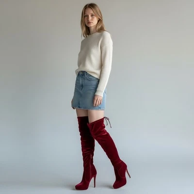 Bebe Giaa Velvet Burgundy Over The Knee Stiletto Heel Boots  Size 8 Glam NWB - Image 1 of 4