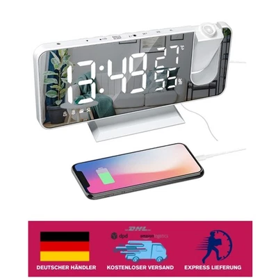 Klassischer Projektionswecker mit 180° Projektor und USB-Anschluss in Weiß - Bild 1 von 2