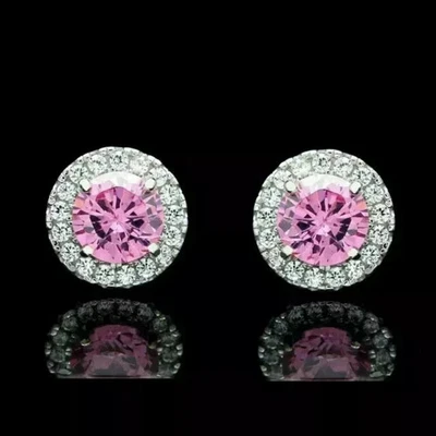 Pendiente redondo de zafiro rosa creado en laboratorio de 2 quilates para mujer enchapado en oro blanco de 14 quilates Foto 1 de 4