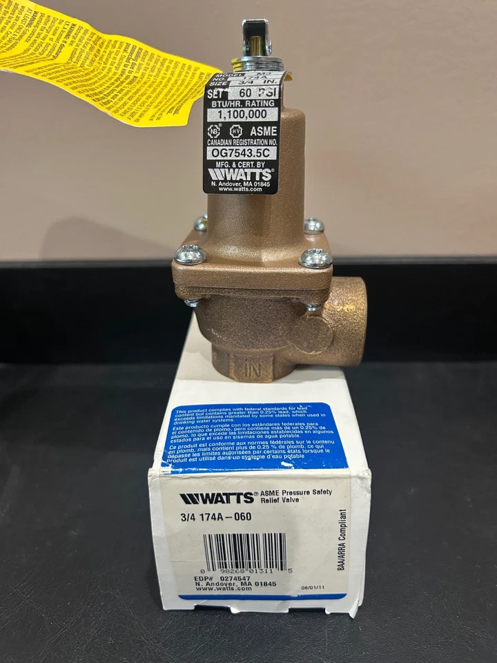 Watts 3/4 174A-060 FNPT Bronze 3/4" Safety Relief Valve - 60 PSI Set Pressure - Image 1 of 1