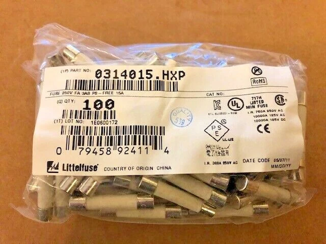 100 Stück 0314015.HXP Littelfuse 250V 15A Fast Acting 0314015HXP - Image 1 of 1